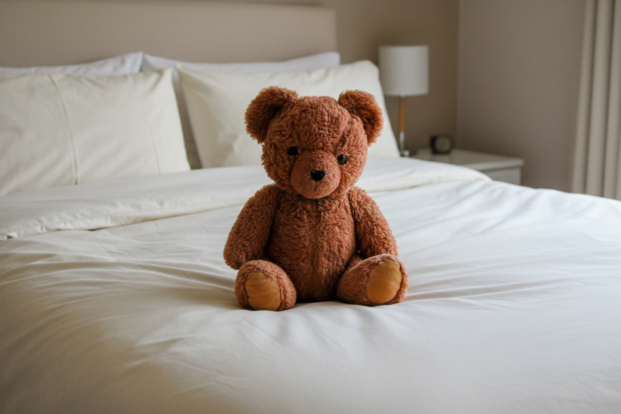Brown teddy bear sitting on clean white sheets on the a bed. The bed is made.